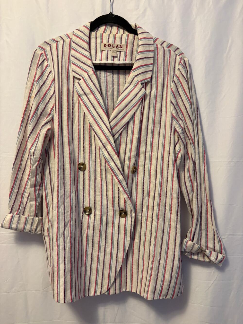 Dolan Double Breasted Blazer White Red Blue Purple Linen Cotton Striped Sz L
